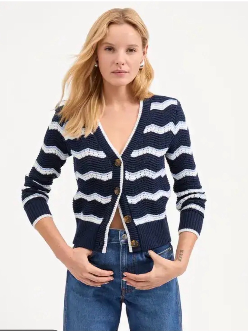 Veronica Beard Ansonia Navy Chevron Striped Cardigan